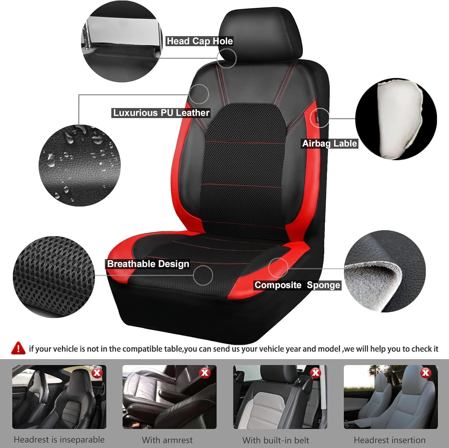 Garvee Universal 9 Pcs Car Seat Covers Full Set, Leather Protectors for 5-Seat Cars, SUVs, Vans, Waterproof Red