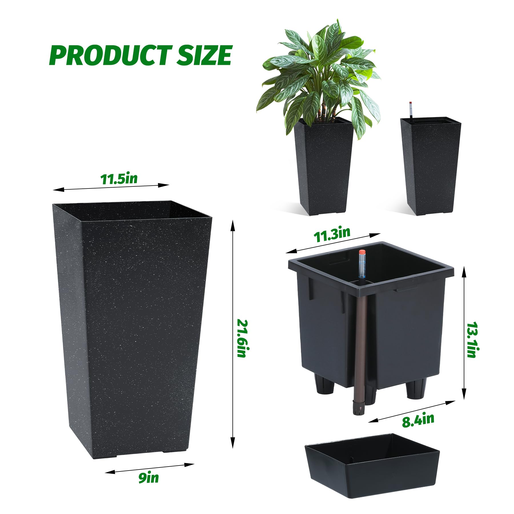 Garvee 21.6" Tall Rectangular Planters Set of 2 Large Modern Plant Pots with Drainage Holes＆Water Level Monitor＆Wheels Outdoor and Indoor for Patio, Porch, Living Room, or Home Office,Black and White Dots