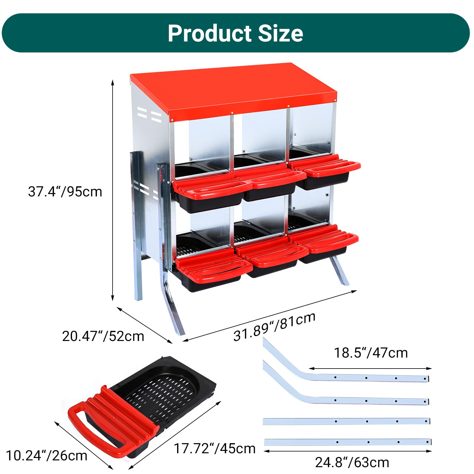 Garvee Nesting Boxes for Chickens, 6 Compartment Roll Away Nesting Box with Egg Collection, Perch, Lid Cover for Egg Protection, Wall Mount/Free Standing Nest Box for Chickens