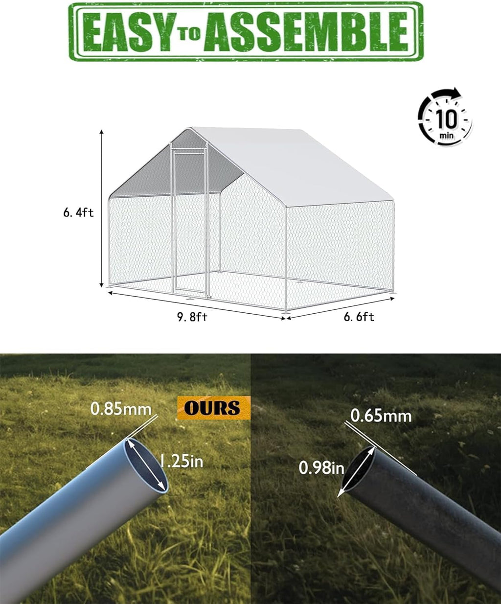 Garvee Large Chicken Coop, Metal Chicken Run for Yard with Waterproof and Anti-UV Cover, Walk in Fence Cage for Outdoor Farm Use(6.6ft x 9.8ft x 6.4ft)