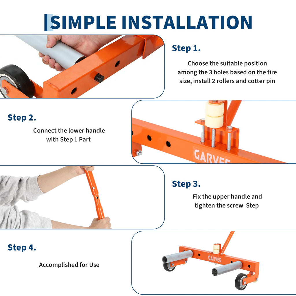 Garvee Adjustable Tire Wheel Dolly 330LBS Tire Lifter for 23.5"-43.5" Wheels, Universal Fit, Black, Ergonomic Handle, Orange