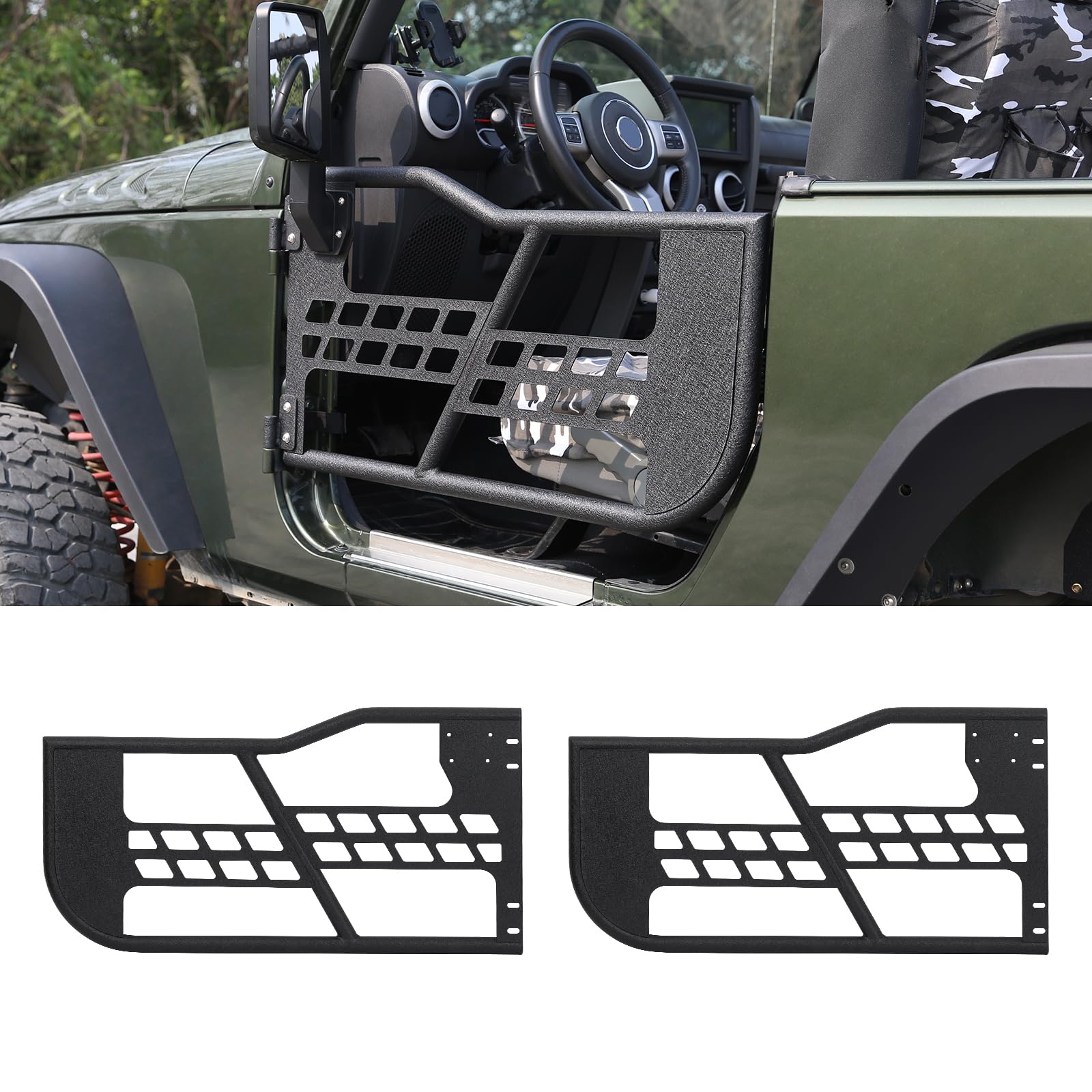 Garvee Off-Road Safari Tubular Doors with Side View Mirror Compatible with Jeep Wrangler JK 2007-2018 (2-Door Only) - Set of 2 Half Tube Doors for Offroad Trail Adventure