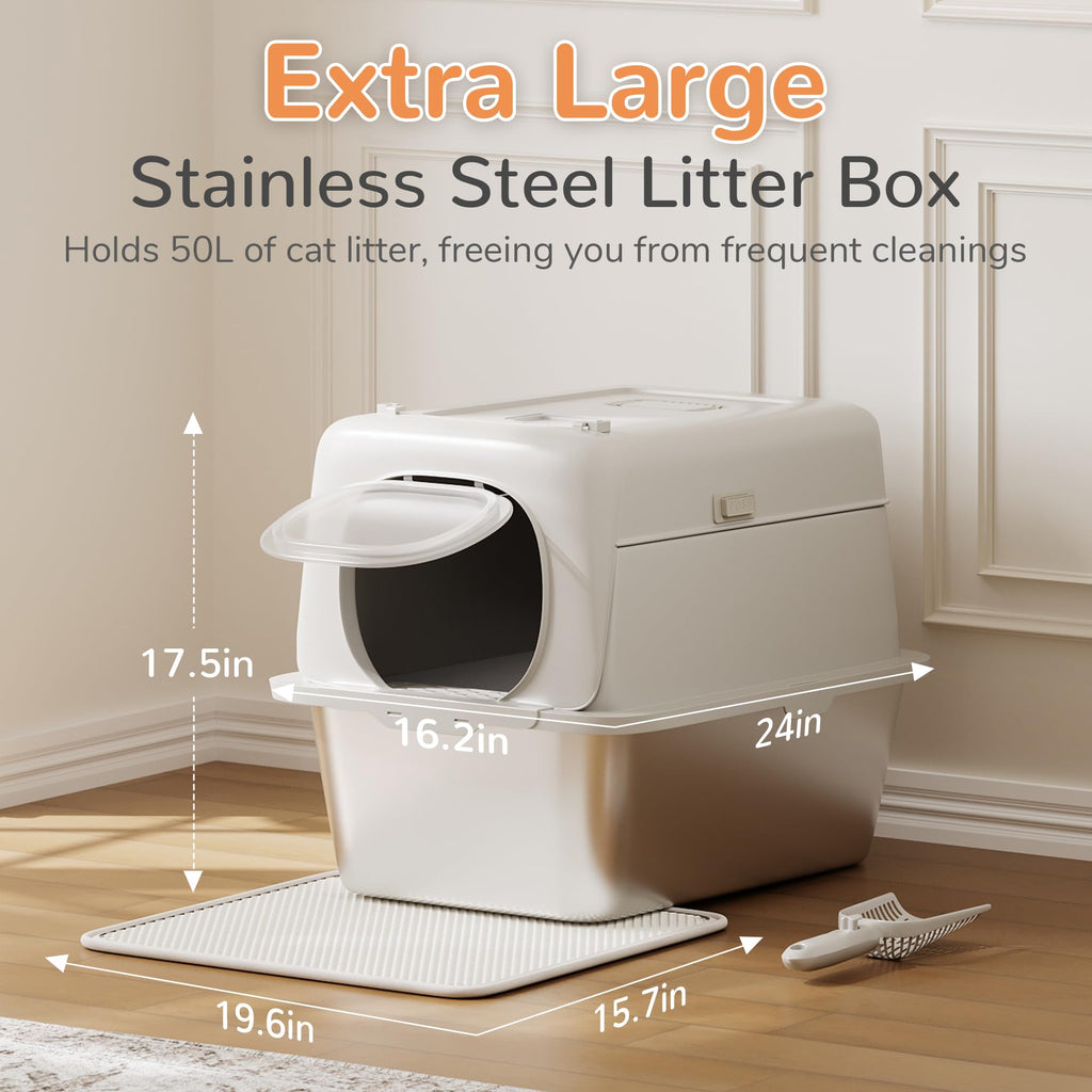 Garvee Stainless Steel Litter Box with Lid Large Enclosed Cat Litter Box for Big Cats Metal Cat Box with High Sided Enclosure Scoop Litter Mat Odor Free Anti-Leakage
