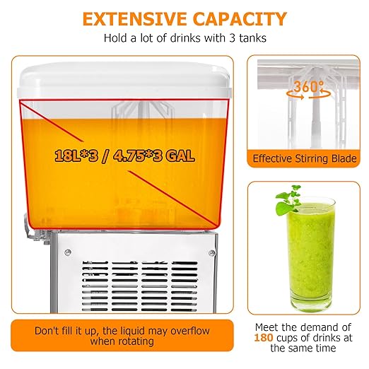 GARVEE 54L (14.4 Gallon) Commercial Juice Dispenser, 3 Tanks 380W, Stainless Steel Beverage Dispenser for Tea, Drink, Commercial Use