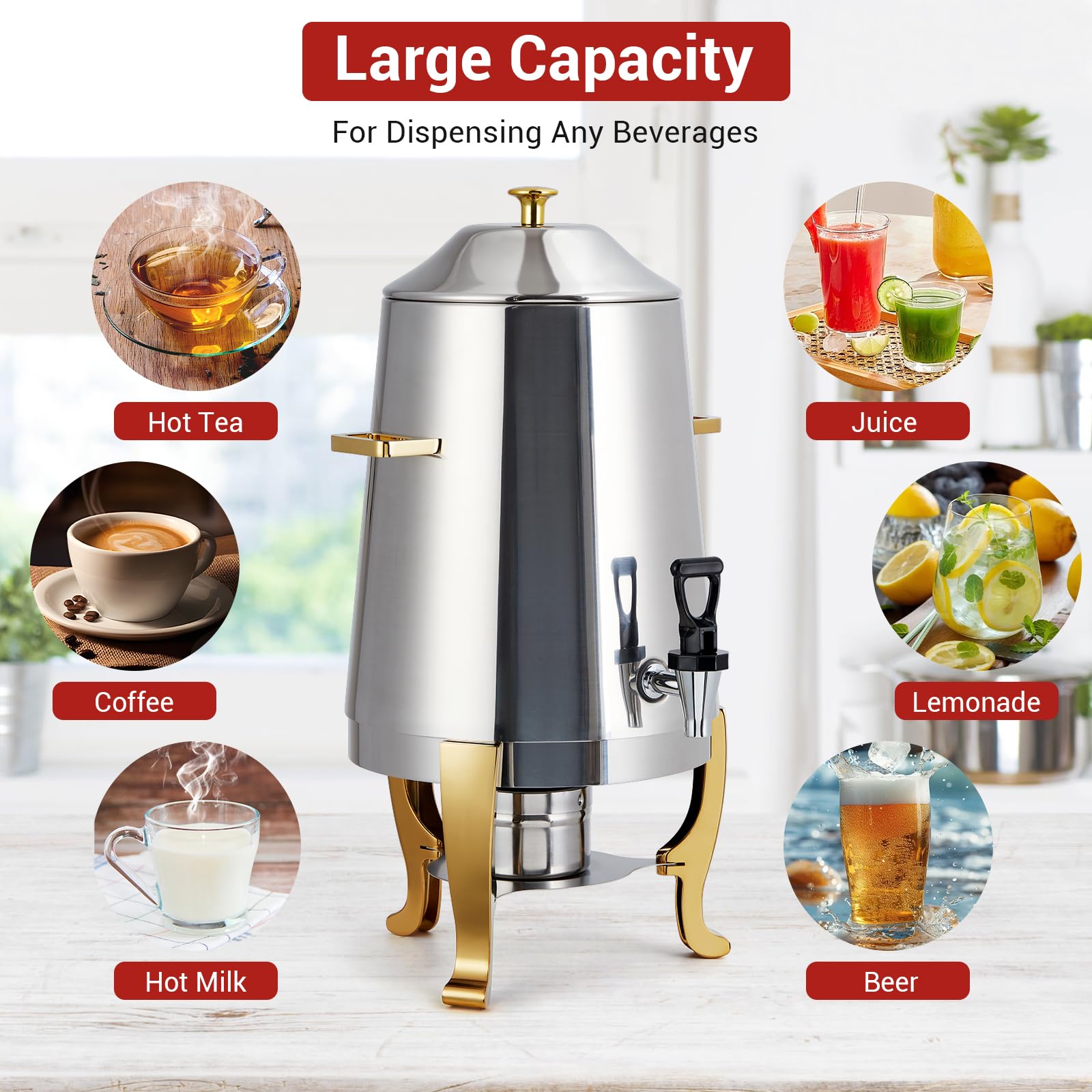 Garvee 3.4 Gallon Stainless Steel Insulated Drink Dispenser with Spigot, Hot & Cold Beverage Dispenser for Coffee, Tea, Water, 13L, Gold