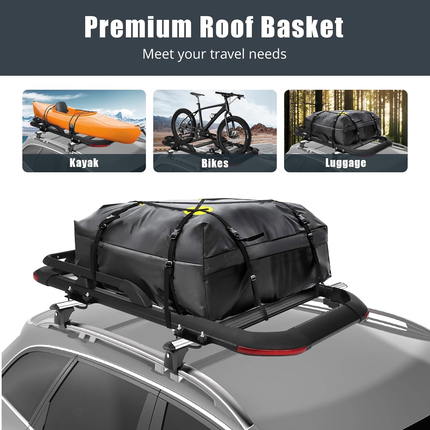 Garvee Roof Baskets 220 LBS Loading Capacity, 63" x 43" x 6.3" Capacity Anti-Rust Rooftop Cargo Carrier, Roof Rack Basket for SUV, Car and Truck