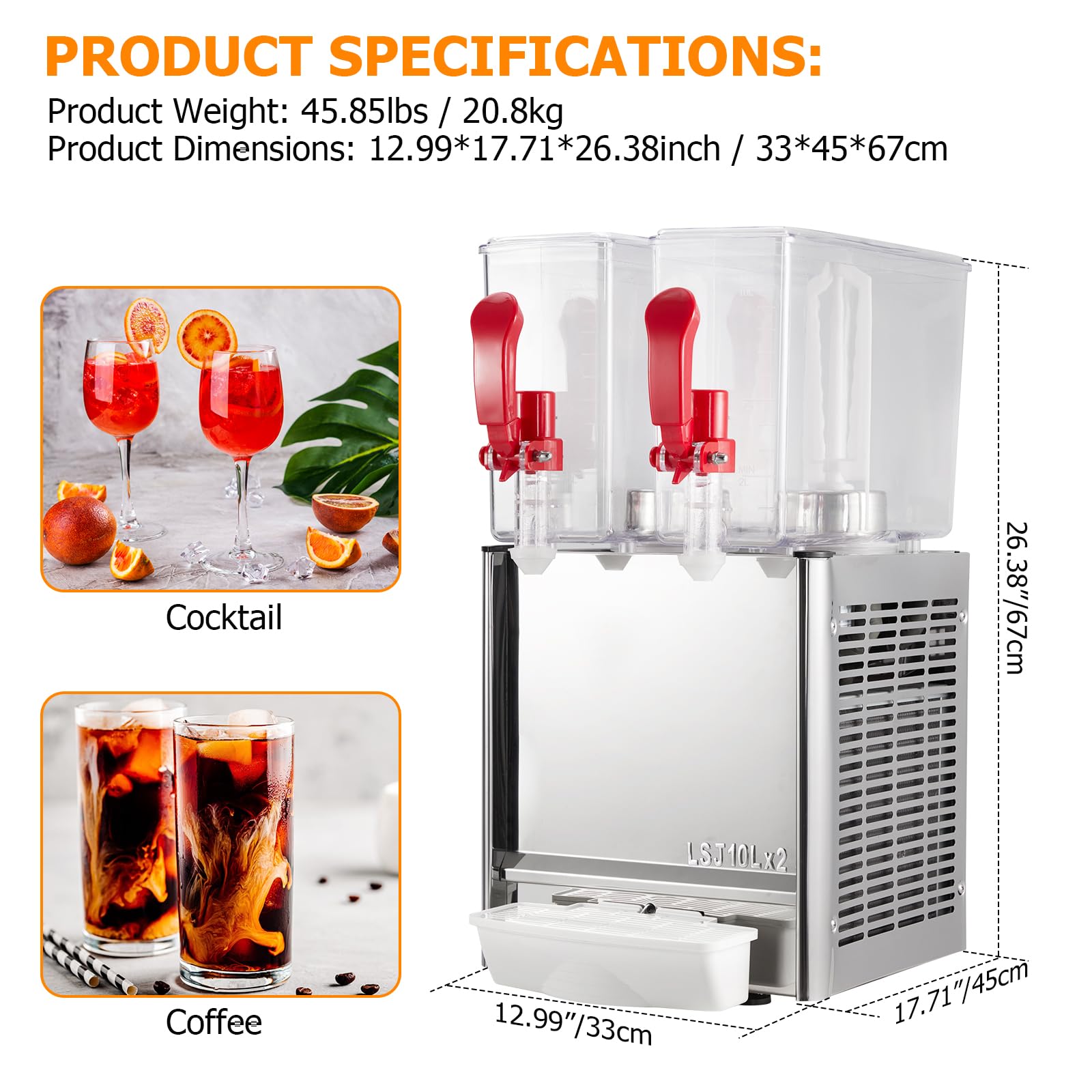 GARVEE 20L (5.28 Gallon) Commercial Juice Dispenser, 2 Tanks 280W, Stainless Steel Beverage Dispenser for Tea, Drink