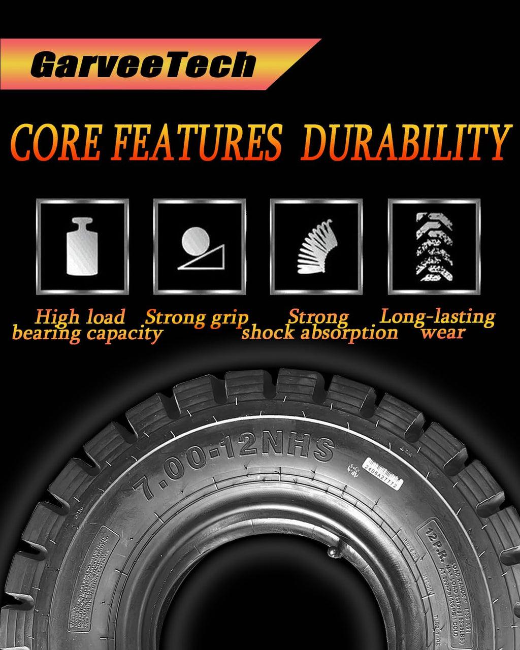 Garvee 7.00-12 Heavy Duty Forklift Tire 12 PR With Tube Flap Industrial Use Durable Black