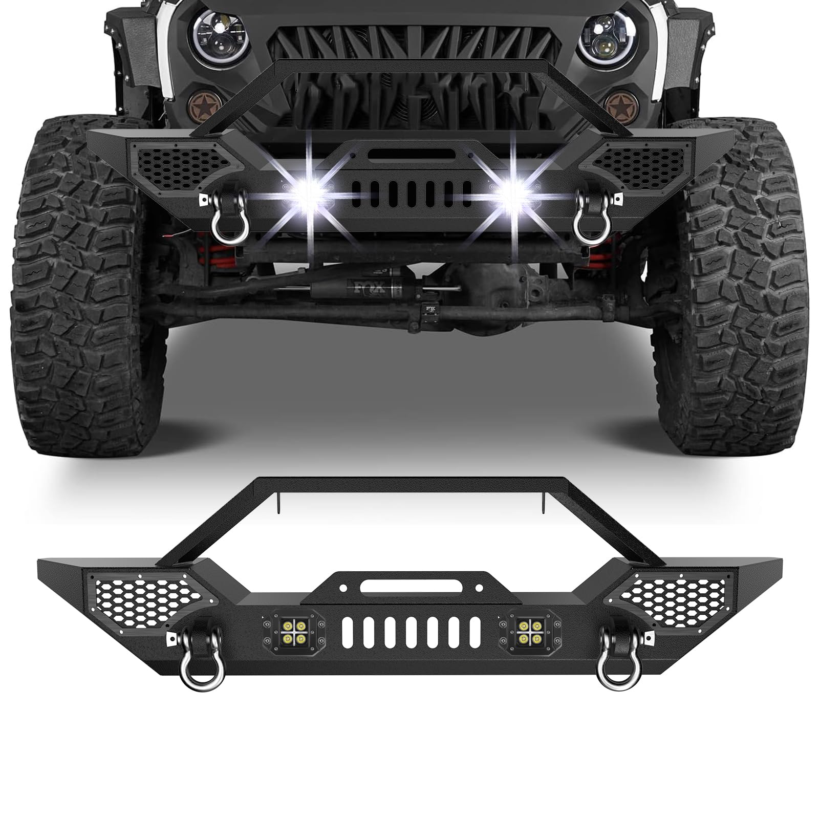 Garvee Front Bumper Compatible with 2007-2018 Jeep Wrangler JK & Unlimited JKU (2/4 Doors), Rock Crawler Off Road Full Width Bumper with Winch Plate Mounting & 2 x D-Rings