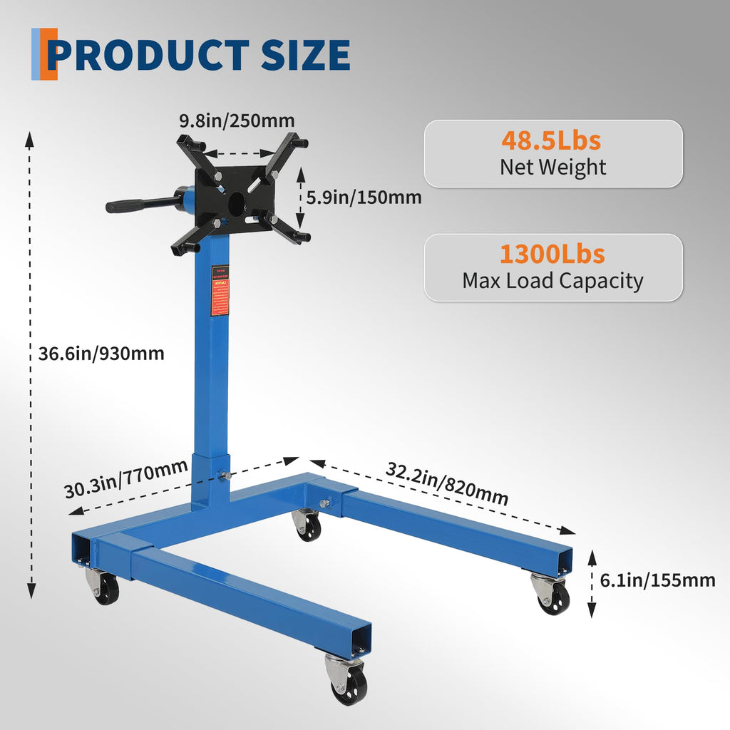 Garvee Engine Stand 1300 LBS Rotating Motor Stand with 360° Rotating Head, Adjustable Arms, Casters for Vehicle Maintenance, Auto Repair, Steel, Black