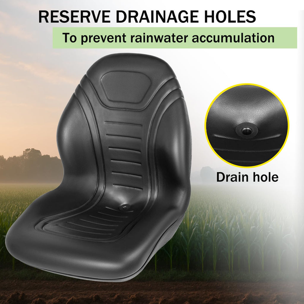 Garvee Universal Tractor Seat - Heavy-Duty Forklift Seat with High Back, Black Vinyl, and Central Drain Hole, Compatible with Forklifts and Lawn Mowers, Black