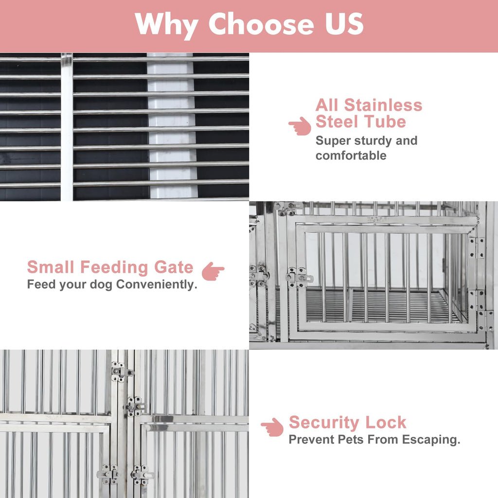 Garvee 48" Heavy Duty Dog Crate Cage Kennel with Isolation Fence, Full Stainless Steel High Anxiety Indestructible Dog Crate, Small Door Design & Removable Tray Design, Silver