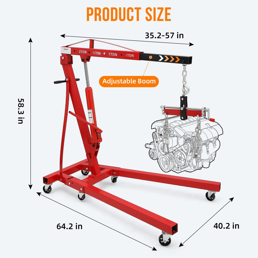 Garvee 2 Ton Folding Hydraulic Engine Hoist with Lever, Folding Engine Shop Crane Hoist Lift, Heavy Cherry Picker with 6 Wheels for Garage, Workshop,Red