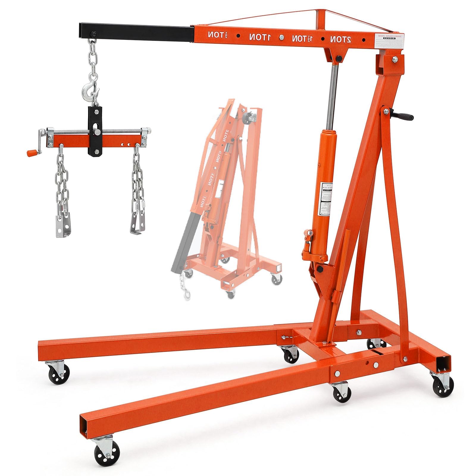 Garvee Folding Hydraulic Engine Hoist with Lever, 2T 4400 LBS Cherry Picker Engine Lift, Hydraulic Tilting Shop Crane, 6 Iron Caster Wheels, Telescopic Boom, Orange