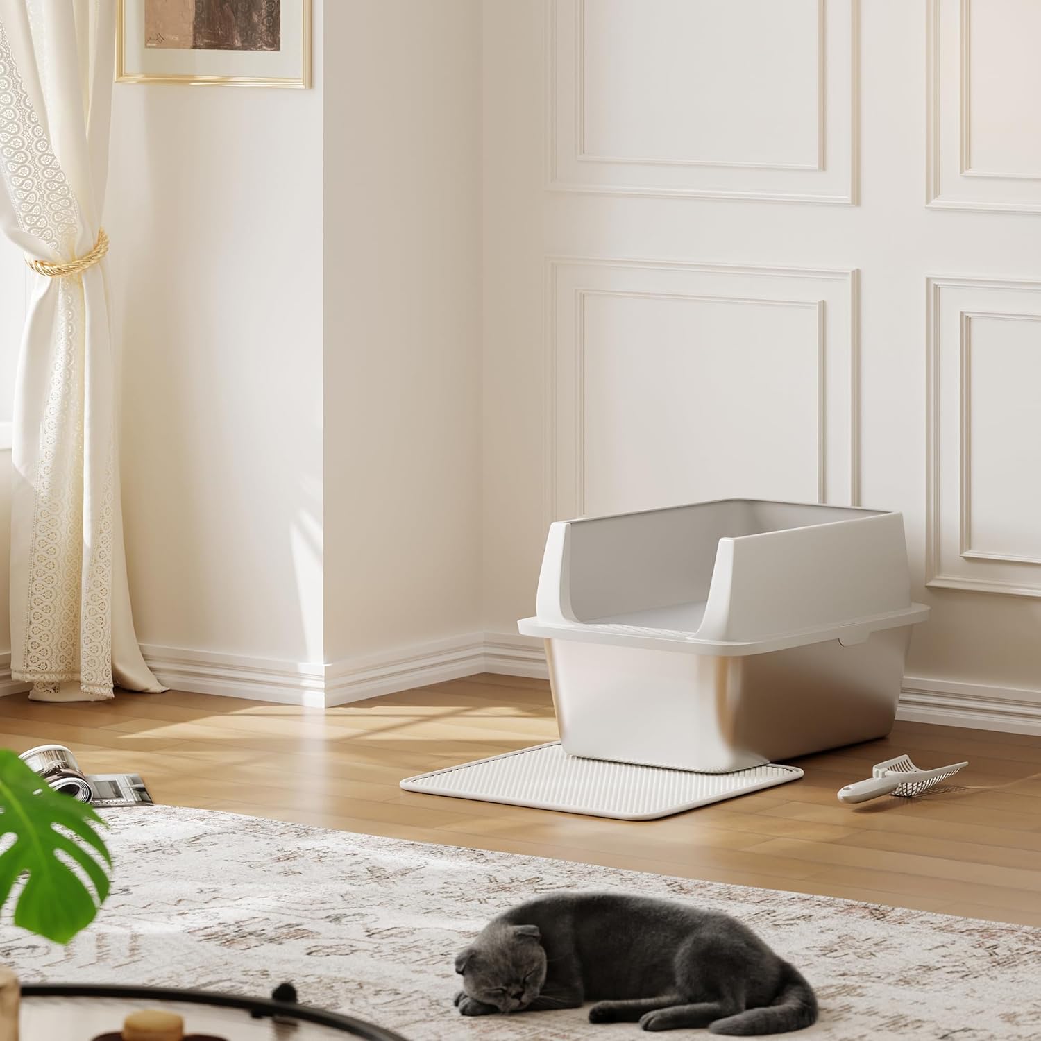 Garvee Extra Large Stainless Steel Litter Box, XLarge Open Cat Litter Box with High Sided Enclosure & Scoop & Litter Mat, Odor Free, Anti-Leakage, Metal Cat Box for Big Cats, 14"H