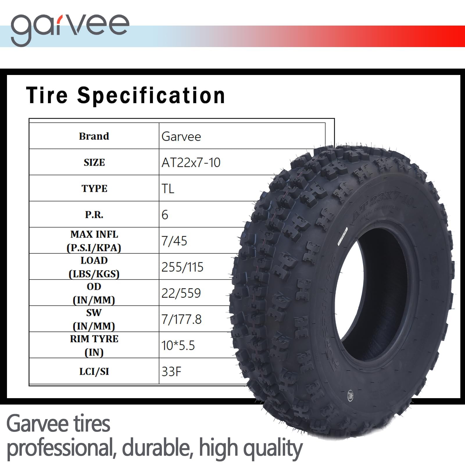 Garvee ATV UTV Tires Set of 4 22x7-10 Front & 22x10-10 Rear 6PR TL Durable Black
