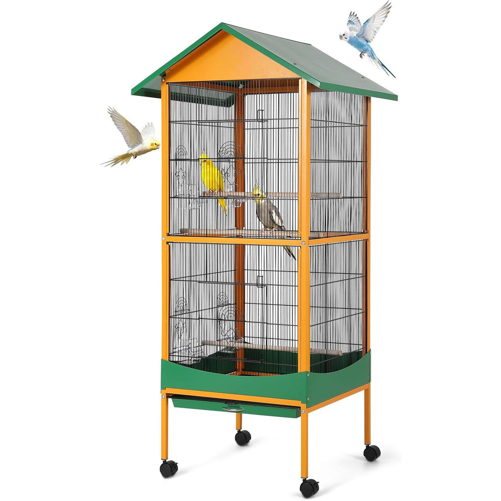 Garvee Extra Large Bird Cage 66''H with Removable Tray Waterproof Roof Lockable Caster Indoor Outdoor Yellow Green