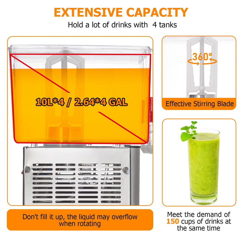GARVEE 40L (10.56 Gallon) Commercial Juice Dispenser, 4 Tanks 380W, Stainless Steel Beverage Dispenser for Tea, Drink