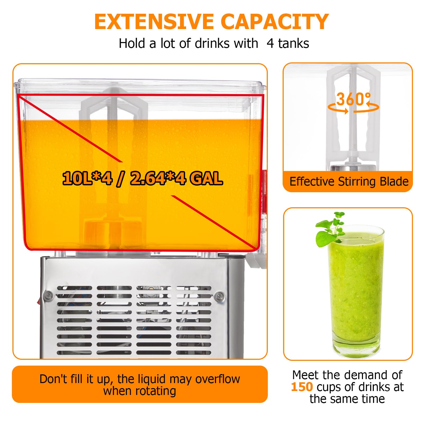 GARVEE 40L (10.56 Gallon) Commercial Juice Dispenser, 4 Tanks 380W, Stainless Steel Beverage Dispenser for Tea, Drink