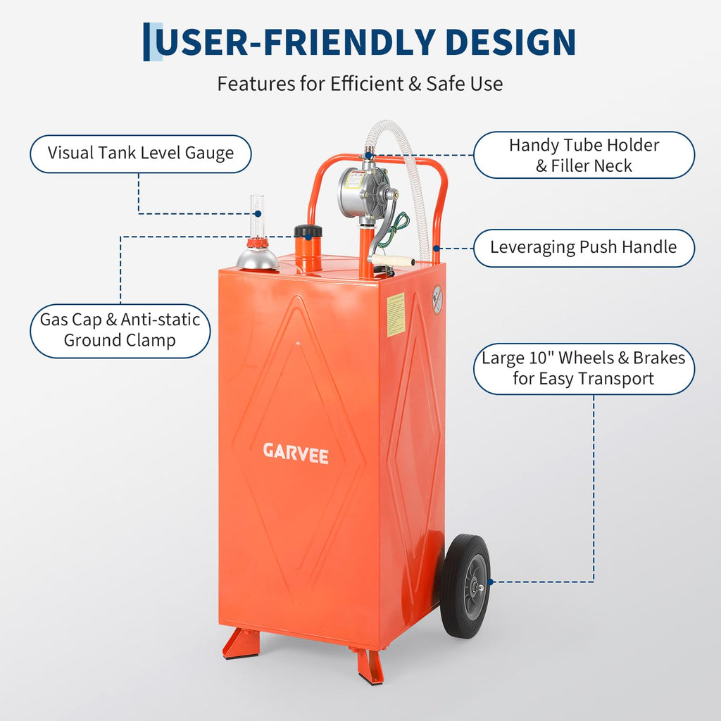 Garvee 30 Gallon Fuel Gas Caddy Storage Tank with Wheels, Reversible Manual Hand Pump, Anti-Static Clamp for ATV, Car, Mower, Tractor, Boat - Portable Gasoline/Diesel Transfer
