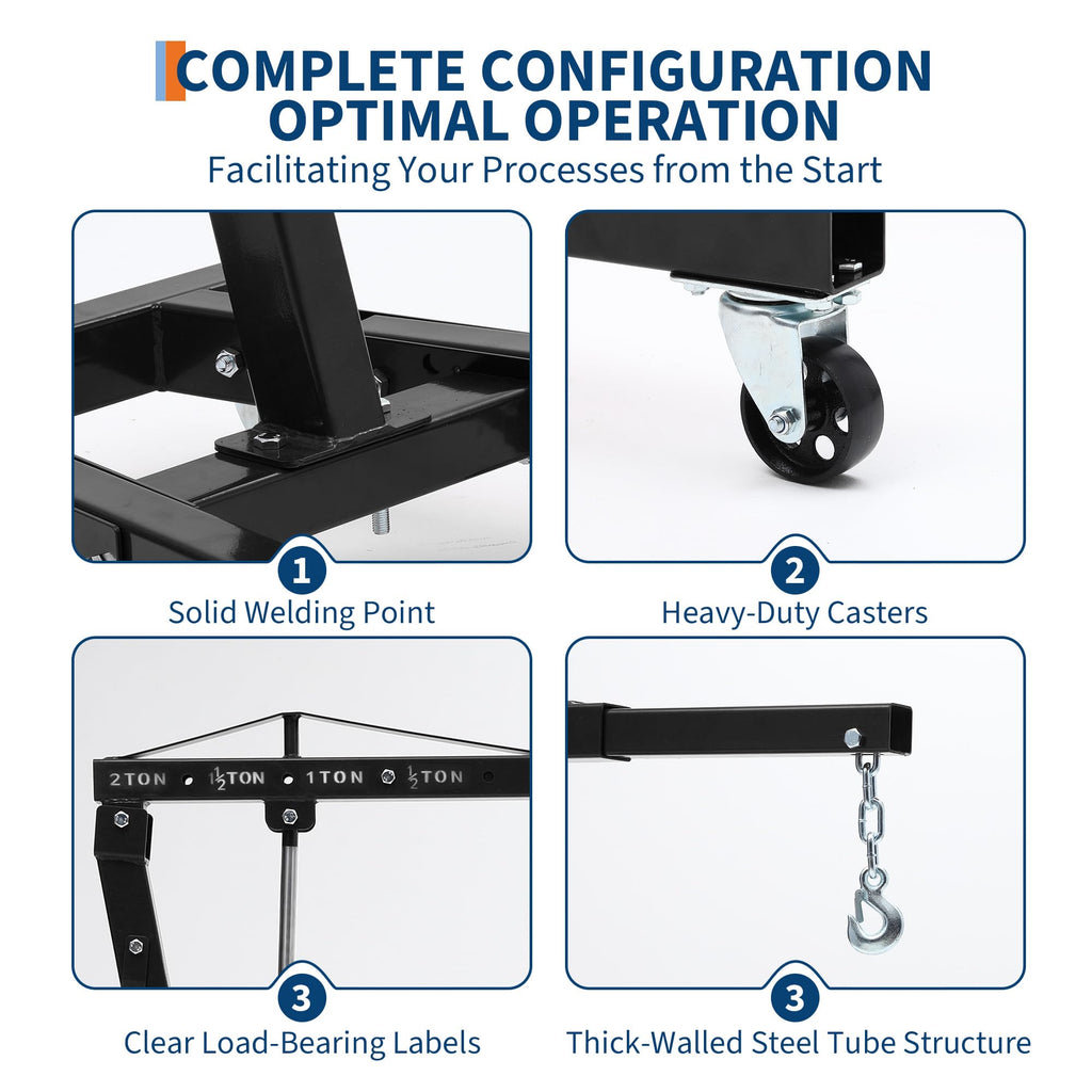Garvee Engine Hoist Cherry Picker 2 Ton Folding Hydraulic Shop Crane Adjustable Boom Black 6 Casters