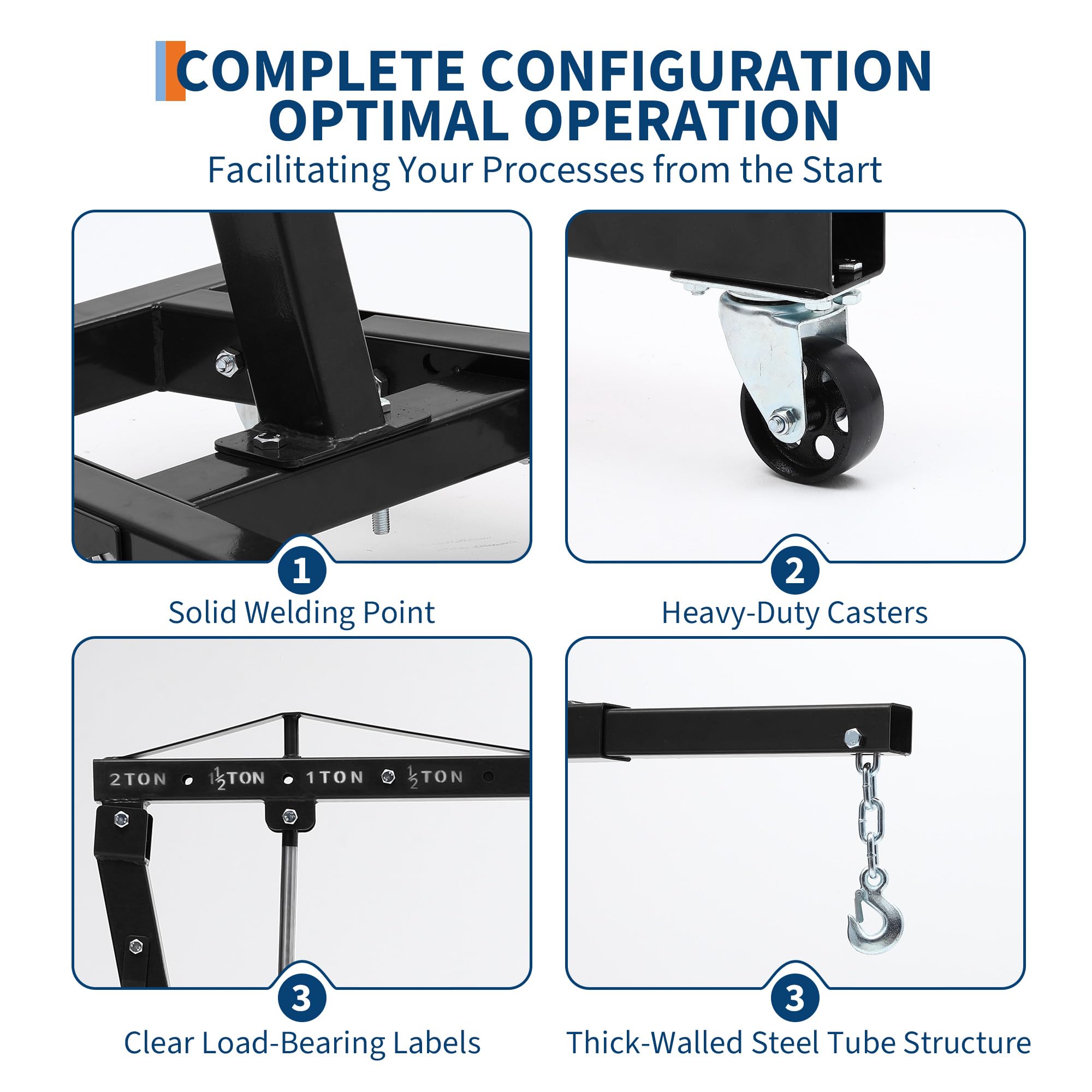 Garvee Engine Hoist Cherry Picker 2 Ton Folding Hydraulic Shop Crane Adjustable Boom Black 6 Casters