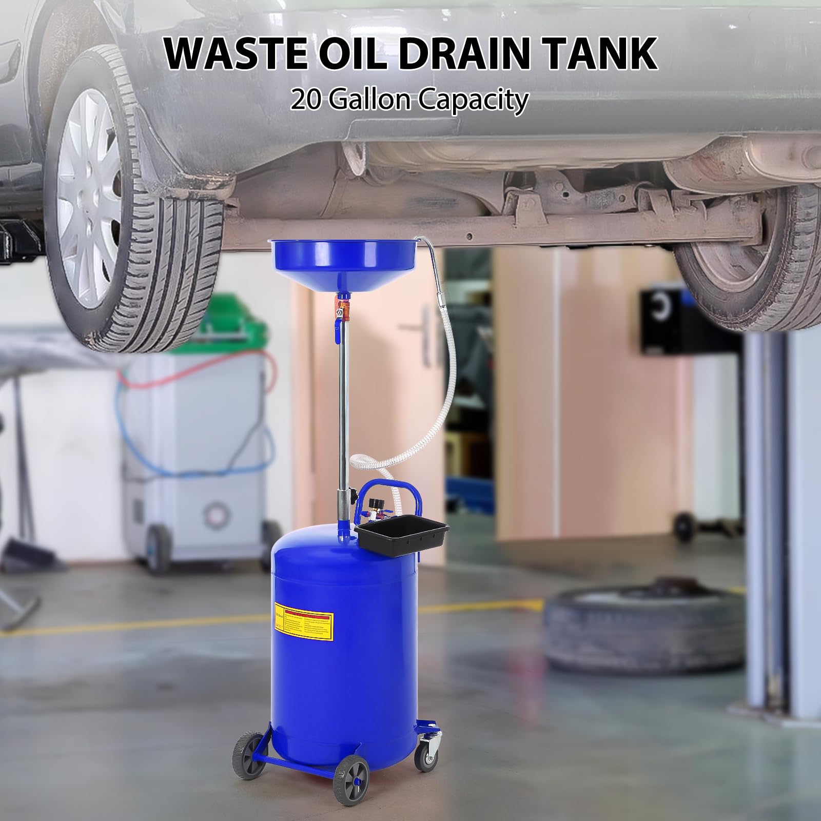 Garvee 20 Gallon Waste Oil Drain Tank - Portable Air-Operated Oil Drainer with 15'' Premium Bowl, Adjustable Funnel Height, Wheels, and Toolbox for Fluid Fuel Transfer and Drainage, Blue