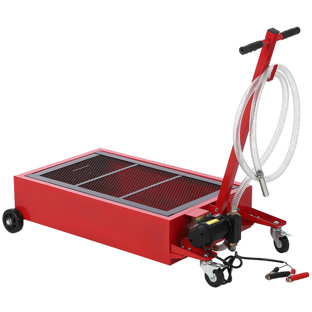 Garvee 20 Gal Oil Drain Pan with 12V Pump, Foldable T Handle, Wheels, 7.5 ft Hose, 76L Low Profile Tank for Car, Truck, Rust Resistant, Red