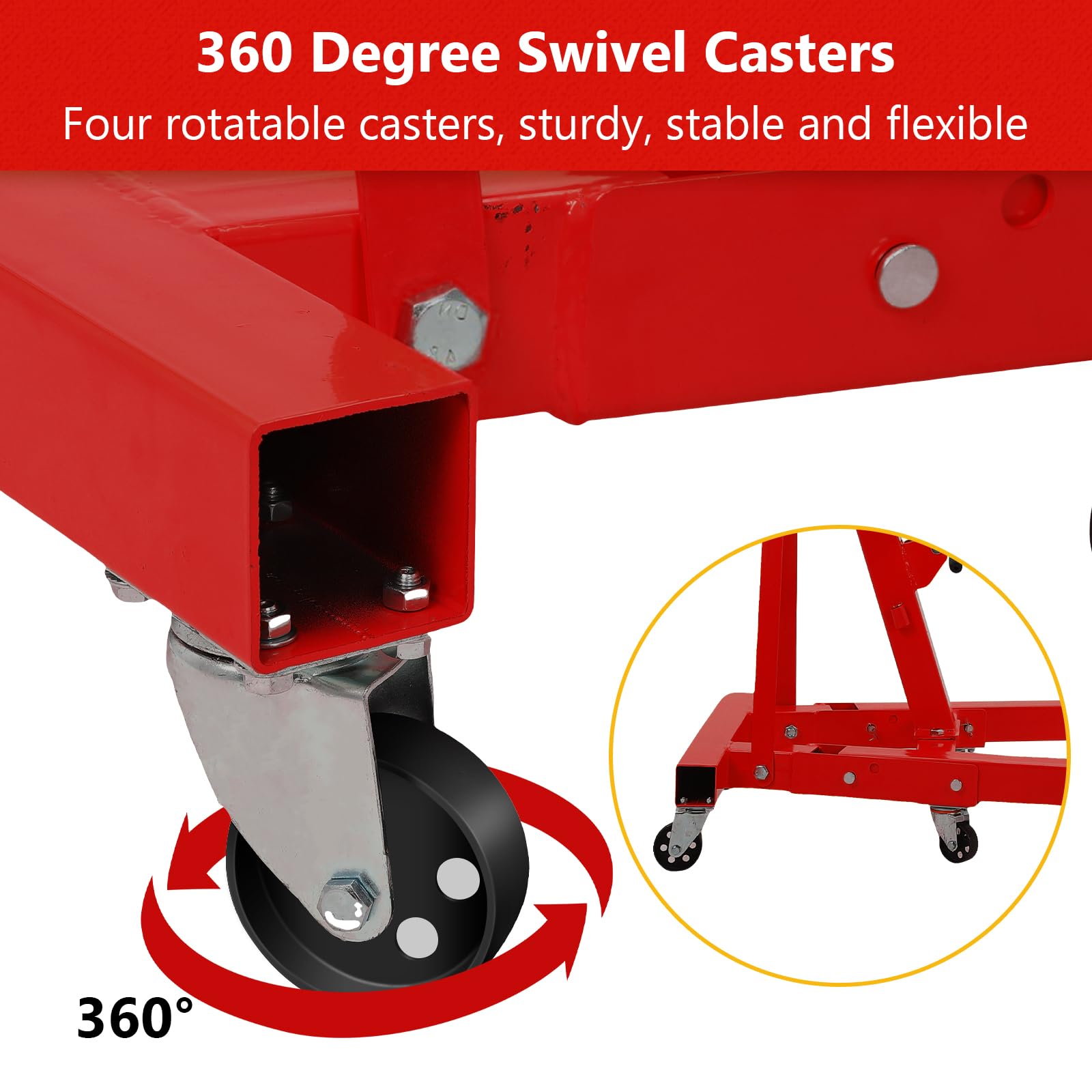 Garvee 4000LB Folding Engine Crane Engine Hoist Cherry Picker 2Ton Ship Crane Heavy Duty Steel Lift Garage Workshop Auto Repair Foldable Stand 6 Caster - Red