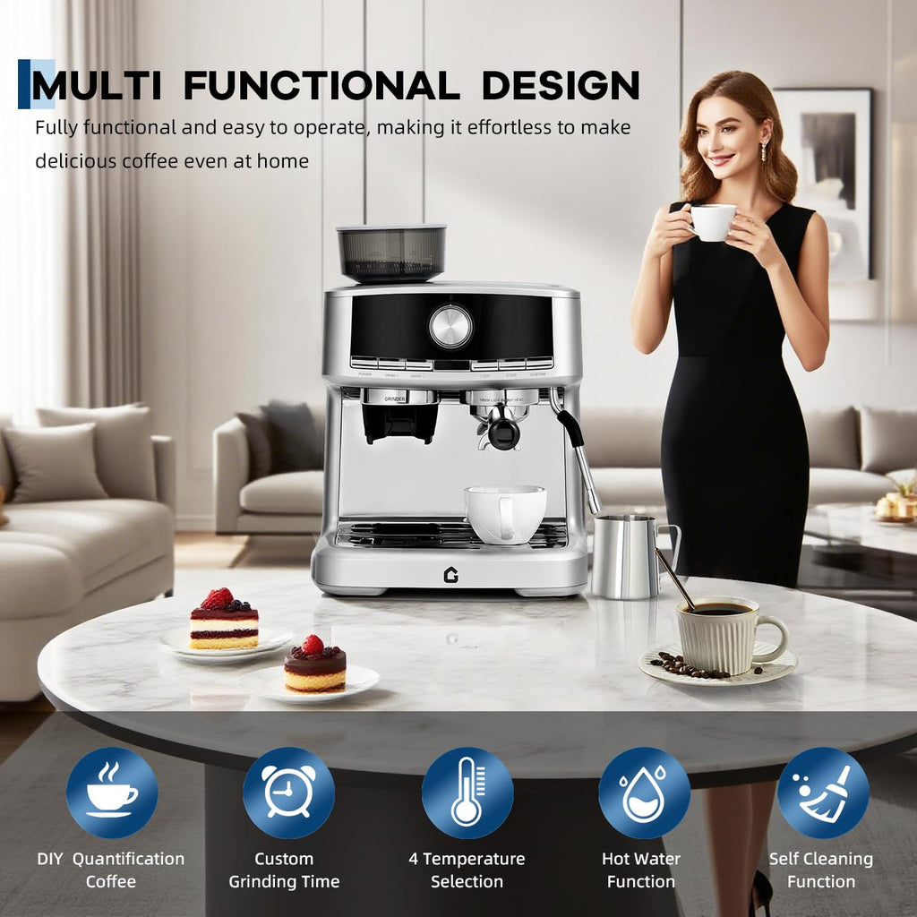 Garvee 20 Bar Pressure Espresso Machine with Grinder, Milk Frother for Home/Office, 1.5L Removable Tank, Silver