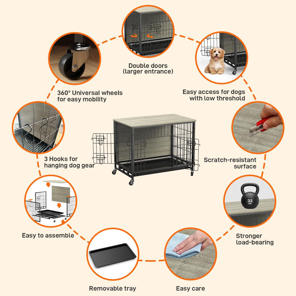 Garvee 27.2" Dog Crate Furniture with Cushion, Dog Kennel Indoor with Wheels, Dog Crate End Table with Tray with Double Doors for Small Dog, Grey
