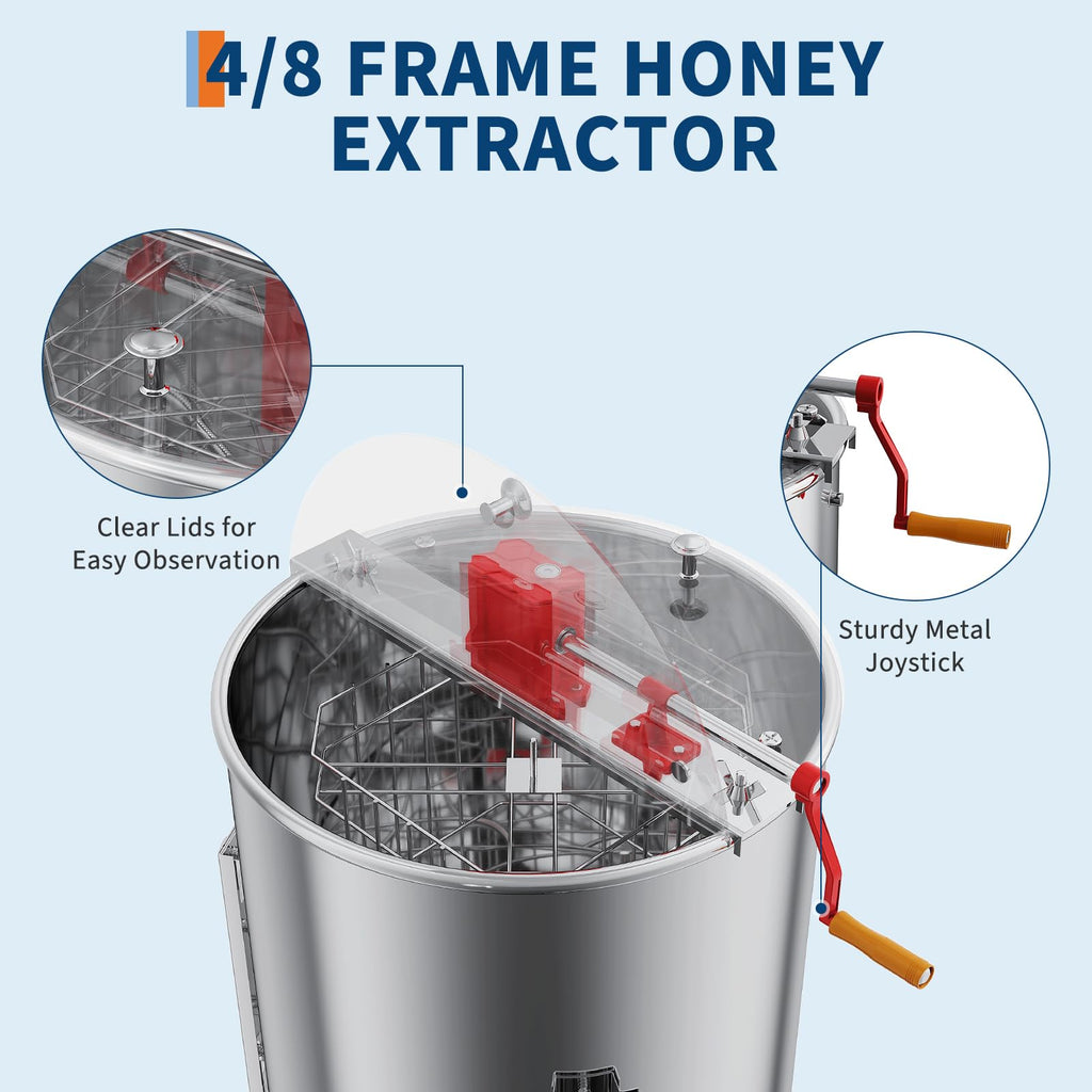 Garvee Manual 4/8 Frame Honey Extractor – Food-Grade Stainless Steel with Adjustable Stand & Transparent Lid for Small-Scale Beekeeping & Harvesting