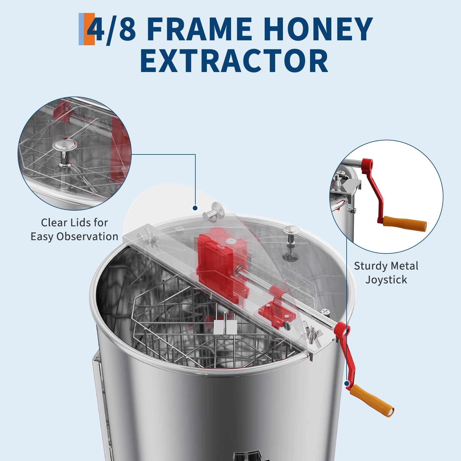 Garvee Manual 4/8 Frame Honey Extractor – Food-Grade Stainless Steel with Adjustable Stand & Transparent Lid for Small-Scale Beekeeping & Harvesting
