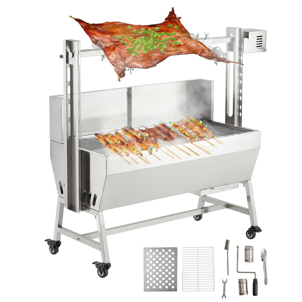 Garvee Stainless Steel Rotisserie Grill with Wind Screen, 52in 132LB Capacity Electric BBQ Pig Lamb Rotisserie Roaster with 50W Motor, Charcoal Spit Roaster Grill for Outdoor Kitchen, Camping