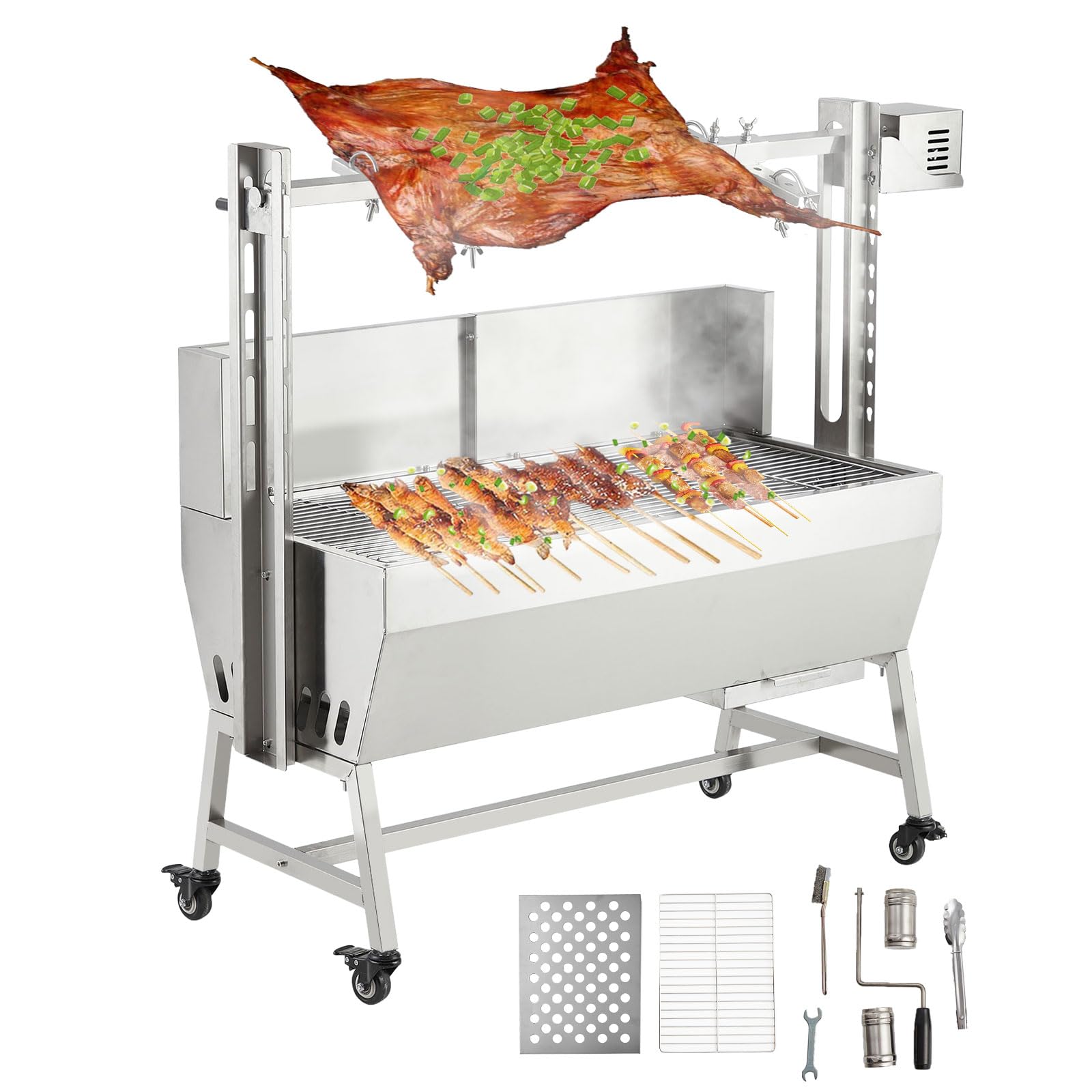 Garvee Stainless Steel Rotisserie Grill with Wind Screen, 52in 132LB Capacity Electric BBQ Pig Lamb Rotisserie Roaster with 50W Motor, Charcoal Spit Roaster Grill for Outdoor Kitchen, Camping
