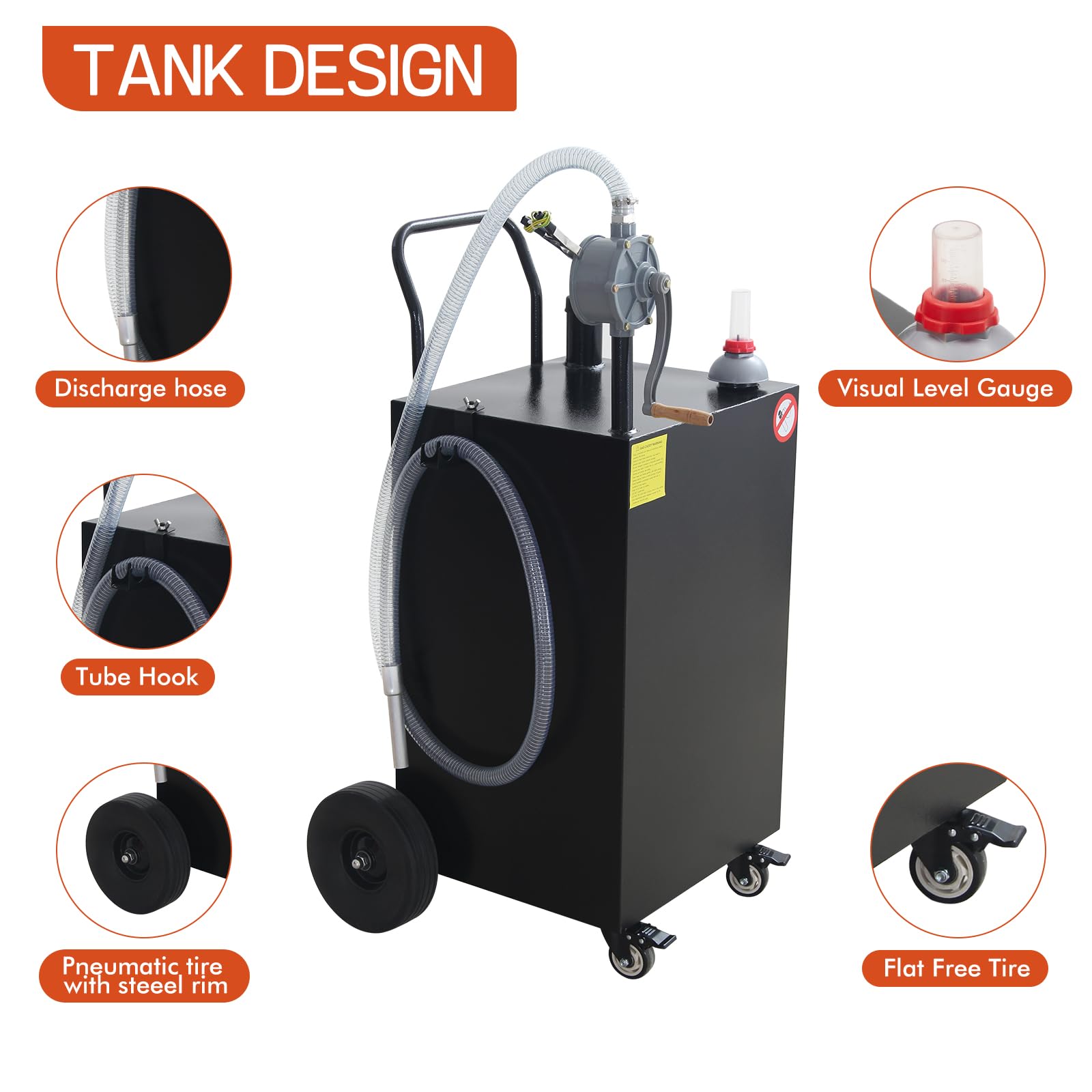 Garvee 50 Gallon Portable Gas Caddy Gasoline Diesel Can Hand Siphon Pump With Rolling Flat-Free Solid Rubber Wheels for Boat, Atv, Car, Motorcycle