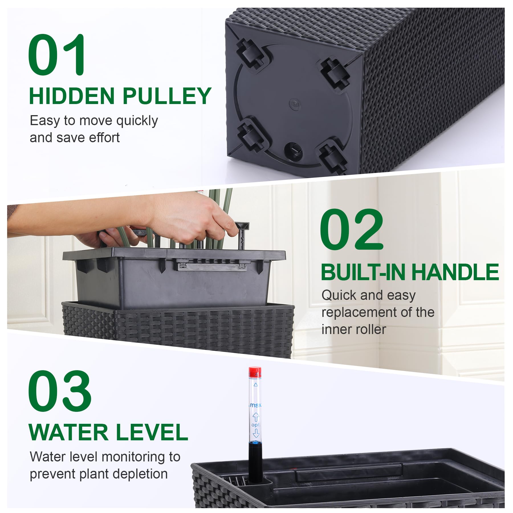 Garvee 23" Tall Planters Set of 2, Outdoor＆Indoor Planter Pots, High Front Porch Planter Pots with Drainage Holes＆Water Level Monitor＆Inner Bucket, Automatic Watering, Convenience Instill, Black