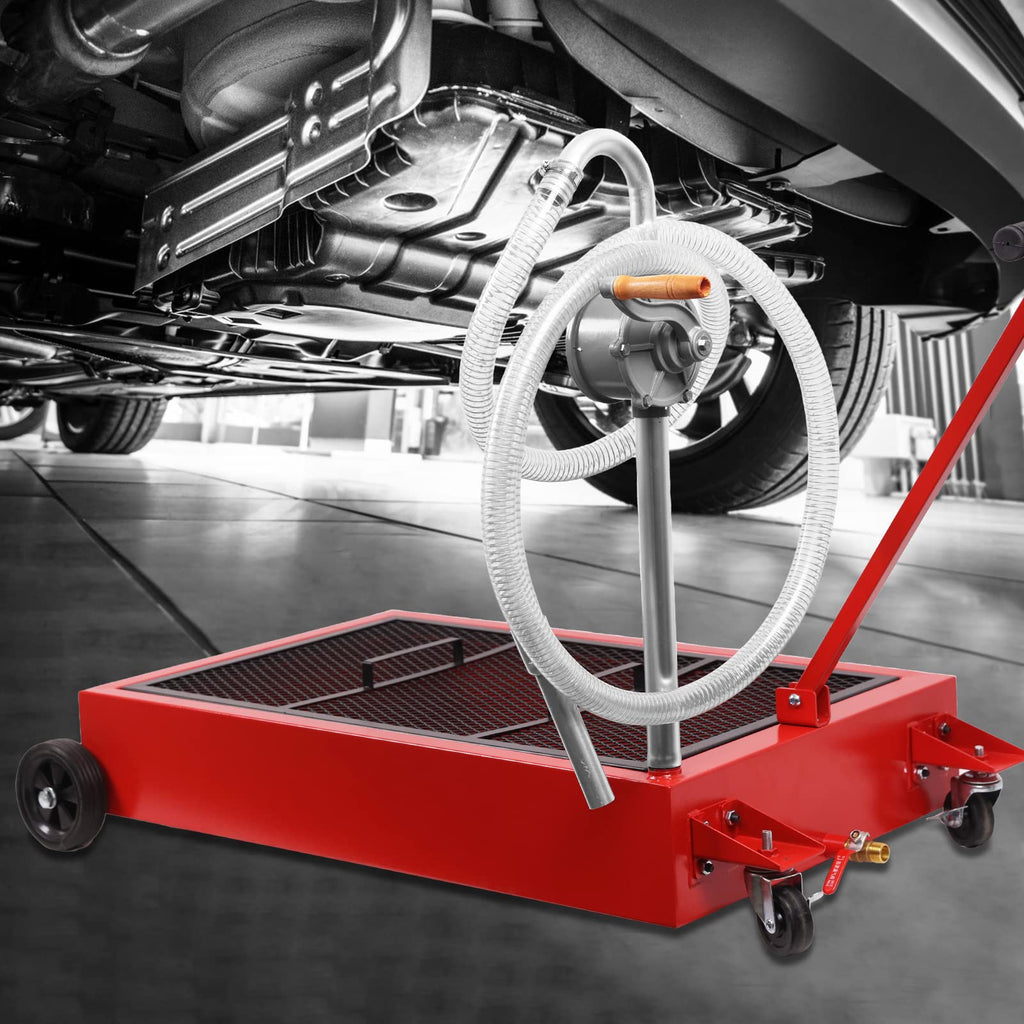 Garvee 25 Gal Hand Pump Oil Drain Pan with 95L Low Profile Oil Drain Pan - Red