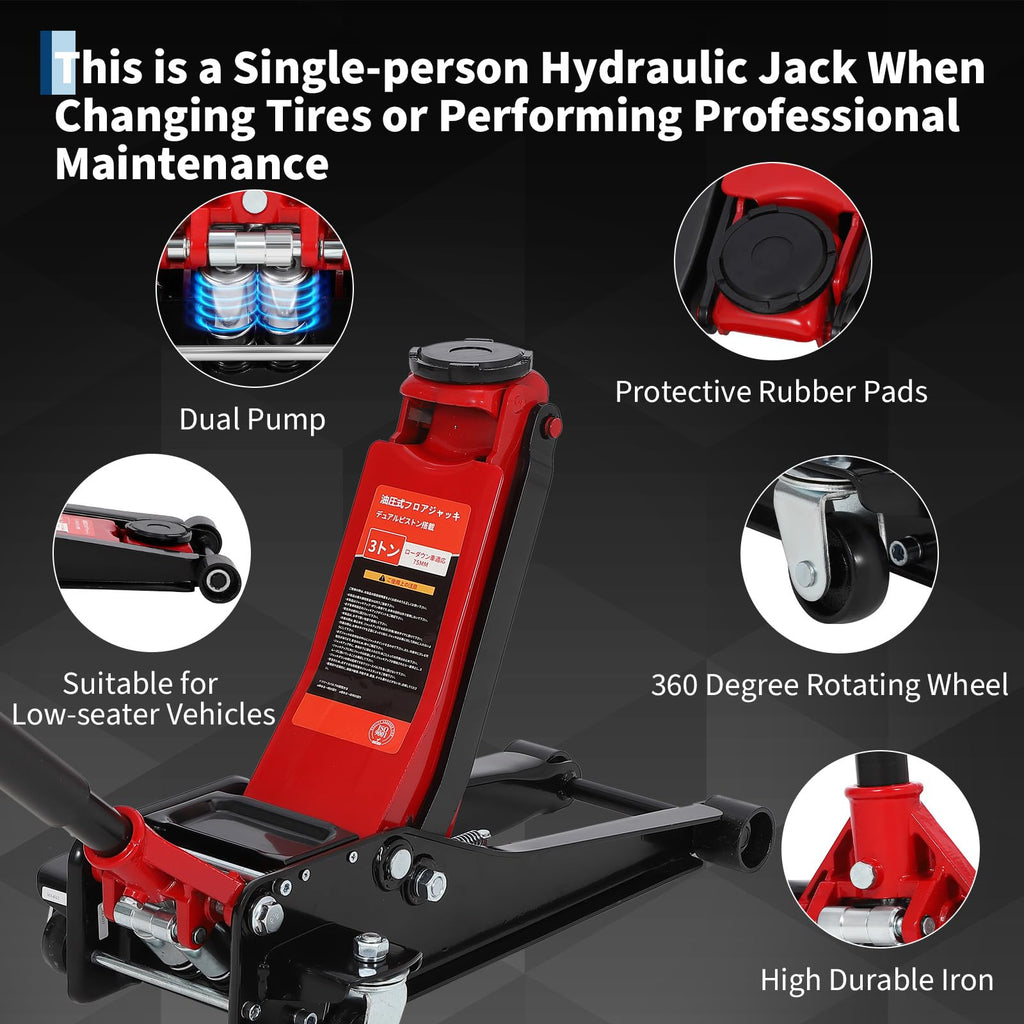 Garvee 1.5-Ton Low Profile Floor Jack - Heavy-Duty Hydraulic Jack with 3" to 18" Lift Range for Cars, Black