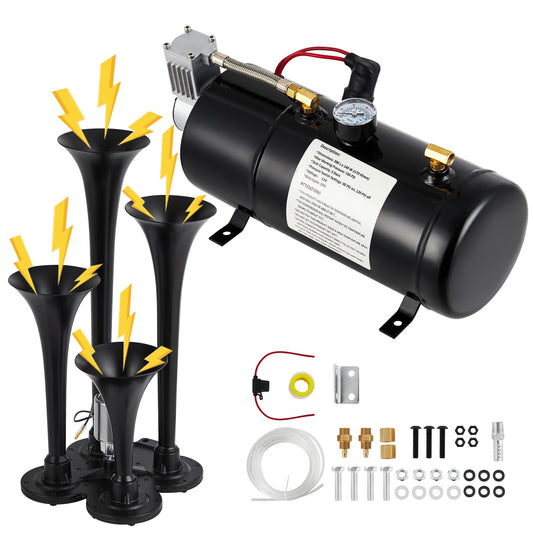 Garvee 150DB Train Horns Kit, 4 Trumpets Truck Air Horn Kit with 0.8 Gallon Tank & 120 PSI Air Compressor, 12V Train Horns for Pickup Trucks, Car, Motorcycle, Semi, Jeep, RV, SUV, Van, Boats