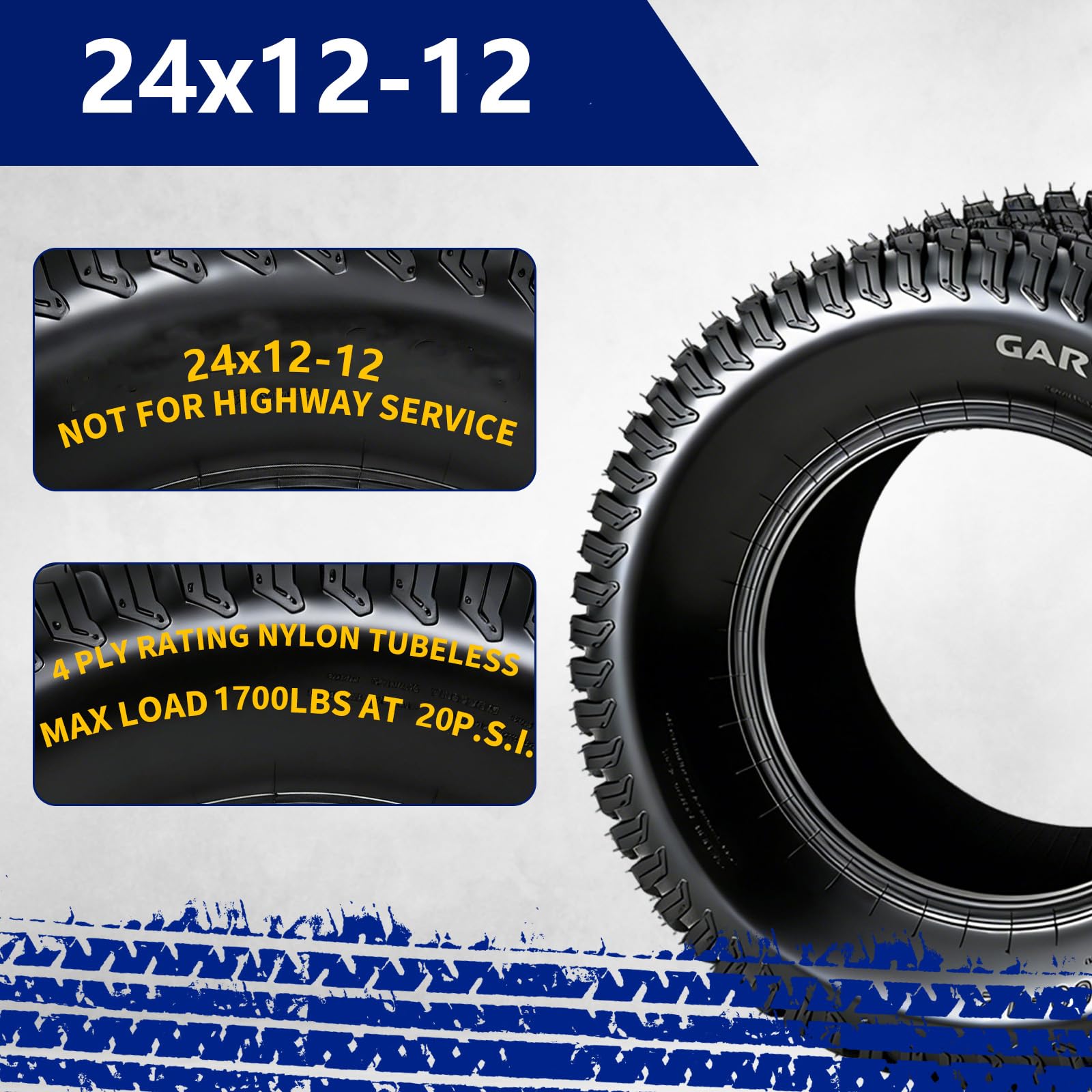 Garvee 24x12-12 Lawn Mower Tires 4-Ply Tubeless Garden Tractor Turf Tires for Mowers & Yard Carts 24x12x12 Black