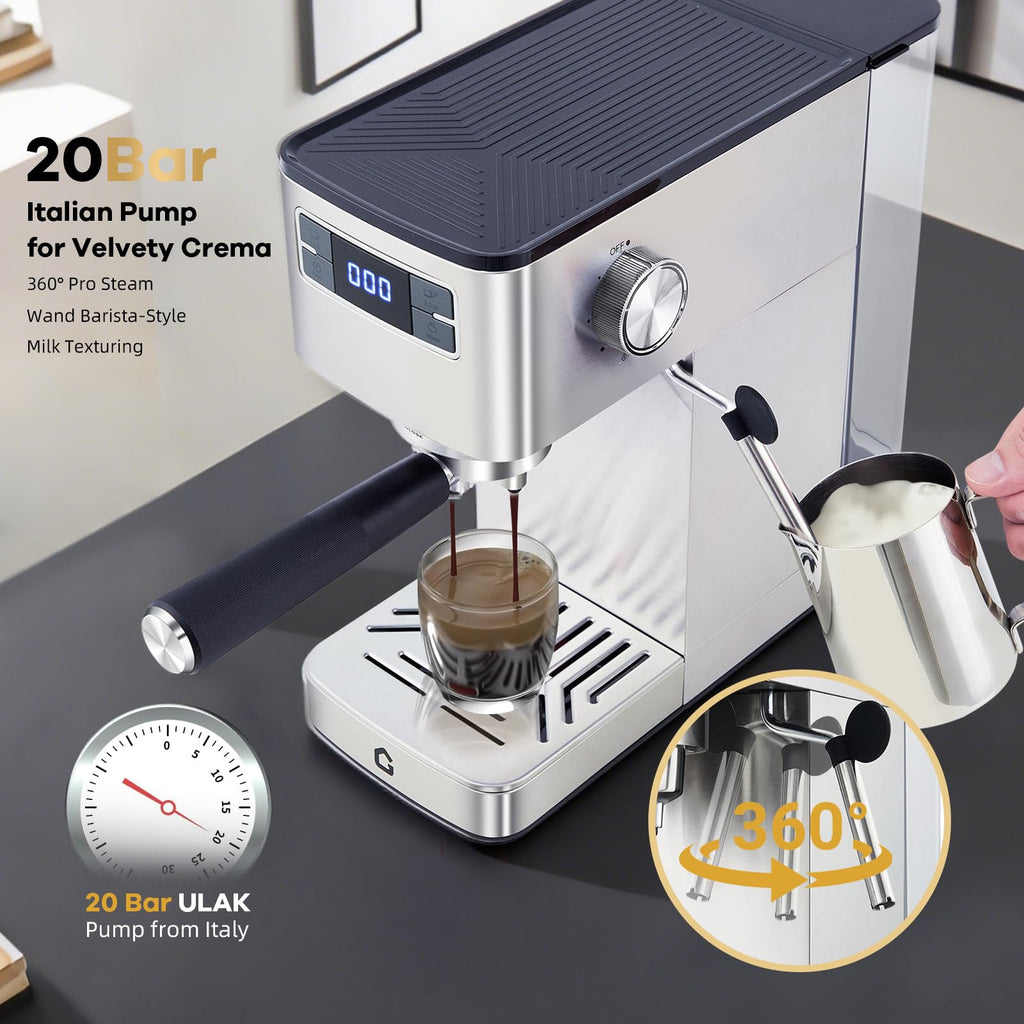 Garvee Compact 20 Bar Espresso Machine Stainless Steel, Steam Milk Frother, Removable Tank for Cappuccino/Latte,(Silver)