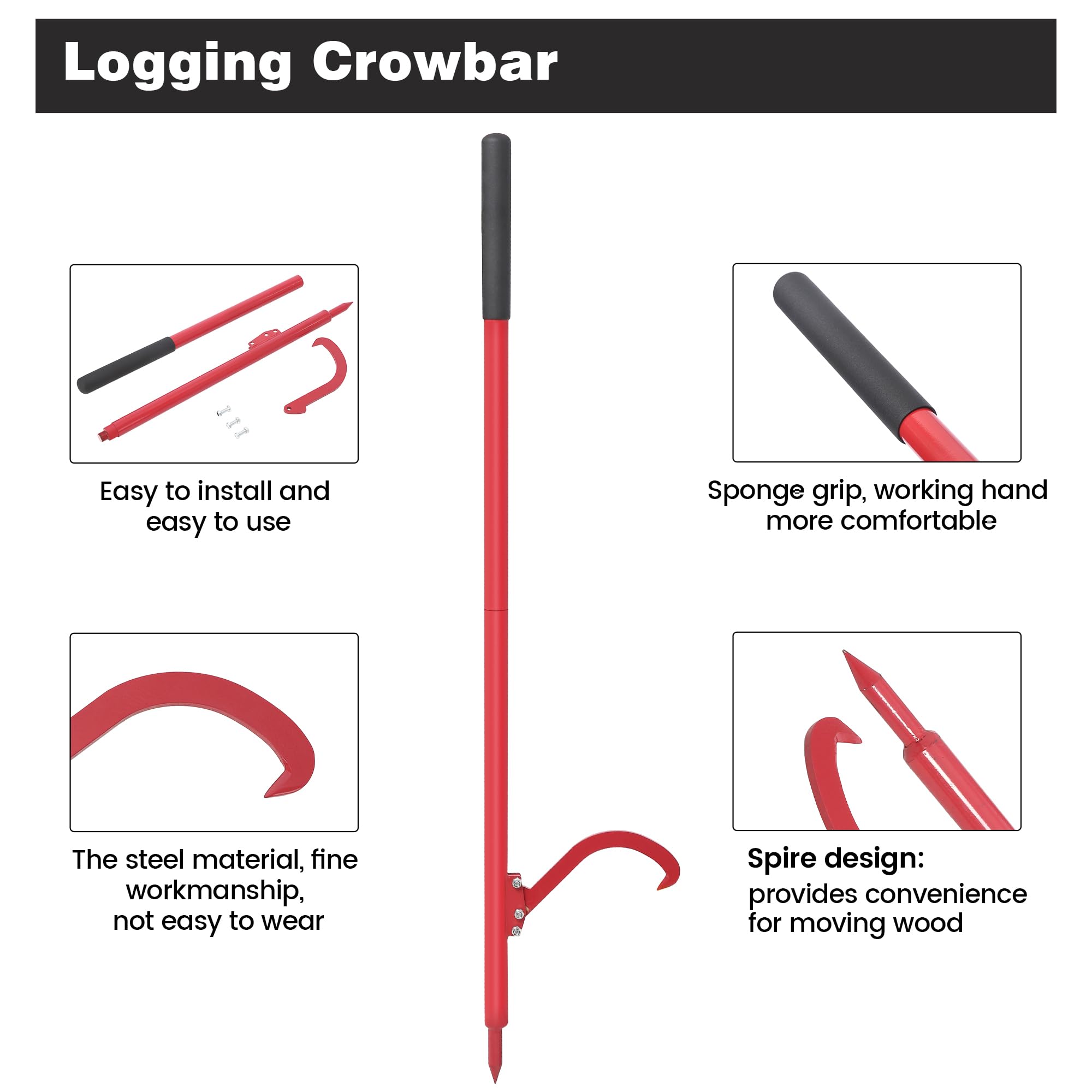 Garvee 60in Steel Cant Hook for Logs, Rubber Grip, Adjustable Hook, Log Roller Tool for Sawyers, Loggers, Wood Workers, Firewood Enthusiasts, Red