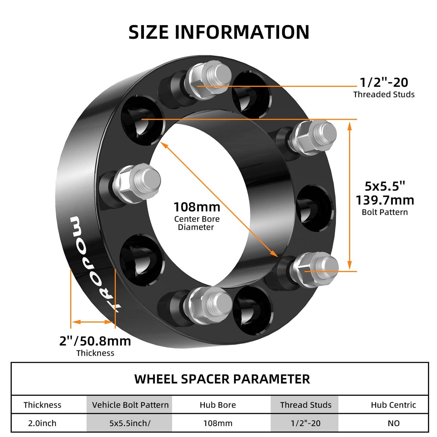 Garvee 5x5.5 Wheel Spacers Compatible with 1994-2001 Ram 1500, 2" Hub Centric 1/2"x20 Stud Hub Bore 108mm for Ram 1500,F150 F100 E100 E150 CJ3 CJ5 CJ6 CJ7 Bronco, Ramcharger Scrambler Sidekick Vitara XL-7