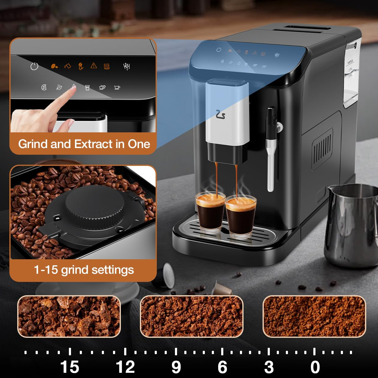 Garvee Espresso Machine with Grinder, 20 Bar Professional Espresso Maker with Milk Frother Steam Wand, 1.5L Water Tank, Touch Display, 1-15 Adjustable Grind Size Levels, Gift for Coffee Lover