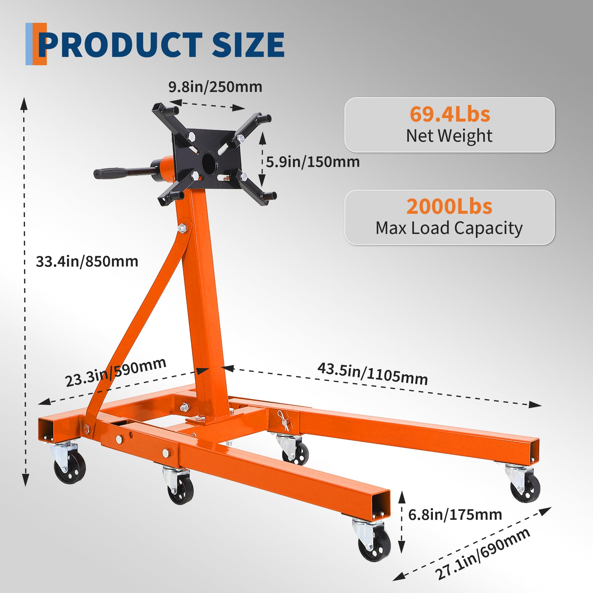 Garvee Engine Stand 2000 LBS Rotating Motor Stand with 360-Degree Head, Adjustable Arms, Casters for Vehicle Maintenance, Auto Repair, Steel Black