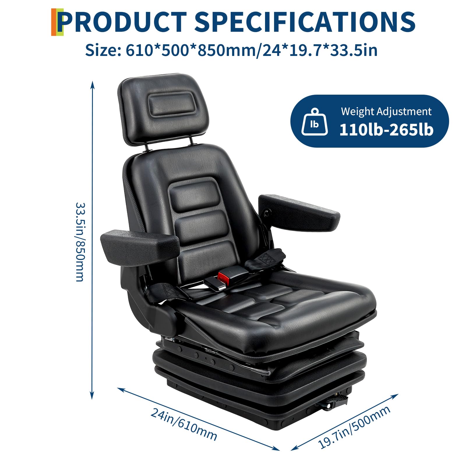 Garvee Adjustable Suspension Forklift Seat - Heavy-Duty Seat with Backrest, Headrest, Armrests, Slide Rails, and Enhanced Safety Features for Tractors, Forklifts, Excavators, and Skid Steers