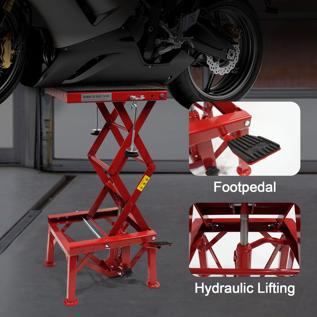 Garvee Hydraulic Motorcycle Lift Table, 300 LBS Capacity Motorcycle Scissor Jack Lift with Wide Deck, J-hooks, Hydraulic Foot-Operated Jack Stand for Motorcycles - Without Wheels