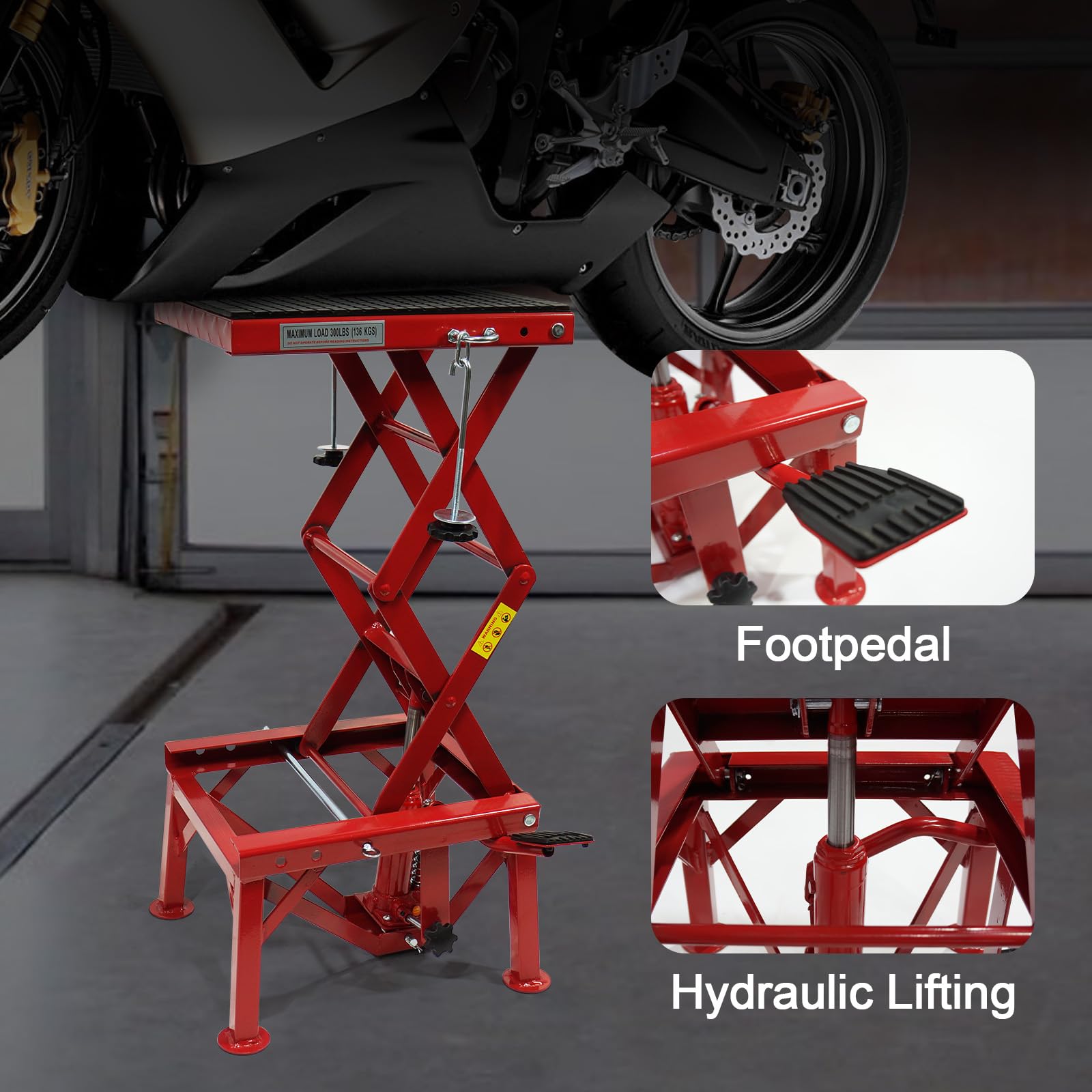Garvee Hydraulic Motorcycle Lift Table, 300 LBS Capacity Motorcycle Scissor Jack Lift with Wide Deck, J-hooks, Hydraulic Foot-Operated Jack Stand for Motorcycles - Without Wheels