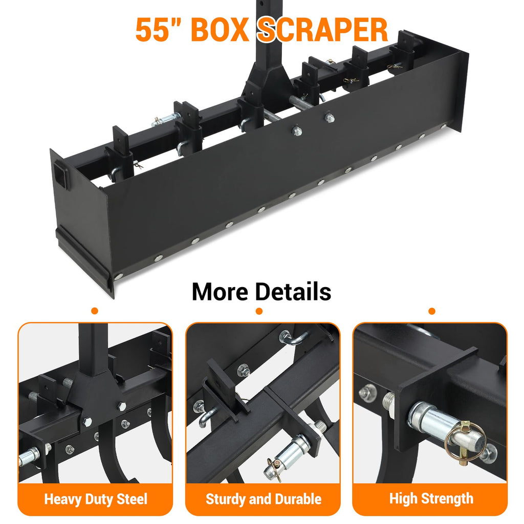 Garvee Tow Behind Box Scraper, 55 Inch Three-Point Quick Hitch Box Scraper Fit Cat 1, Heavy Duty Box Blade Lawn Tractor Attachments for Leveling, Grading, Landscaping, Black